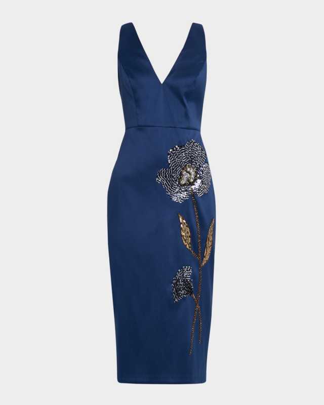 Sleeveless Flower-Beaded Midi Dress